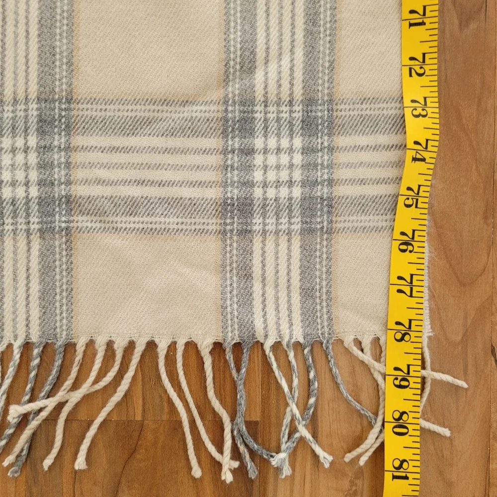 J.Crew Scarf Plaid Neutral Gray Tan Cream Fringe 24x78 Blanket Cottage Cabin